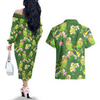 Australia Budgerigars Parakeets Couples Matching Off The Shoulder Long Sleeve Dress and Hawaiian Shirt Green And Yellow Bird Seamless Orchids Flowers