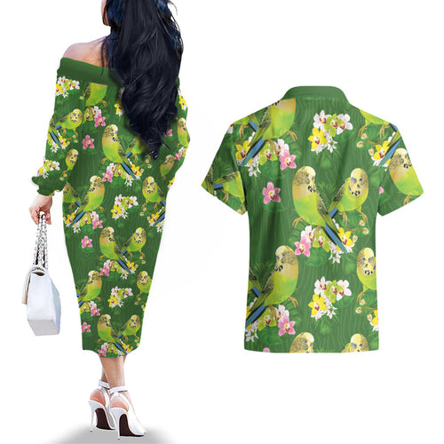 Australia Budgerigars Parakeets Couples Matching Off The Shoulder Long Sleeve Dress and Hawaiian Shirt Green And Yellow Bird Seamless Orchids Flowers