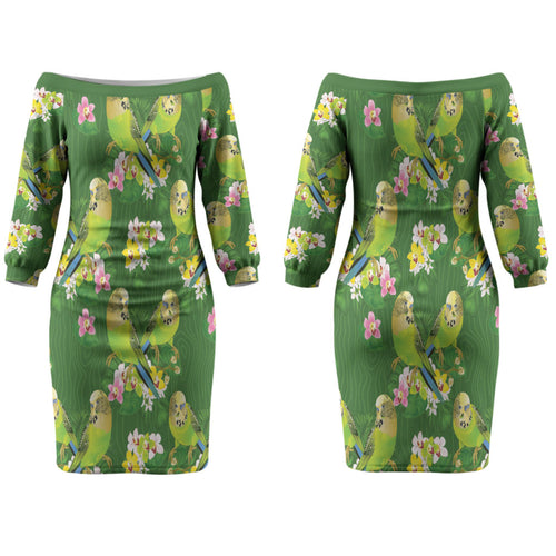 Australia Budgerigars Parakeets Couples Matching Off The Shoulder Long Sleeve Dress and Hawaiian Shirt Green And Yellow Bird Seamless Orchids Flowers LT9