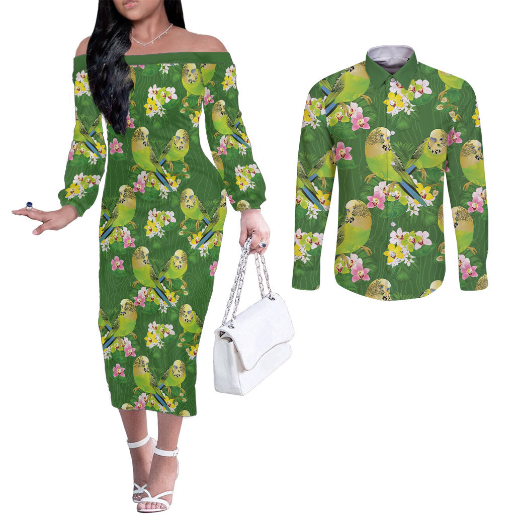 Australia Budgerigars Parakeets Couples Matching Off The Shoulder Long Sleeve Dress and Long Sleeve Button Shirt Green And Yellow Bird Seamless Orchids Flowers