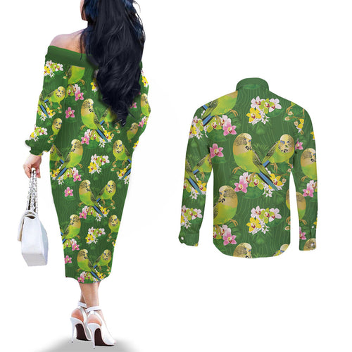 Australia Budgerigars Parakeets Couples Matching Off The Shoulder Long Sleeve Dress and Long Sleeve Button Shirt Green And Yellow Bird Seamless Orchids Flowers