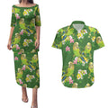Australia Budgerigars Parakeets Couples Matching Puletasi and Hawaiian Shirt Green And Yellow Bird Seamless Orchids Flowers