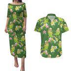 Australia Budgerigars Parakeets Couples Matching Puletasi and Hawaiian Shirt Green And Yellow Bird Seamless Orchids Flowers