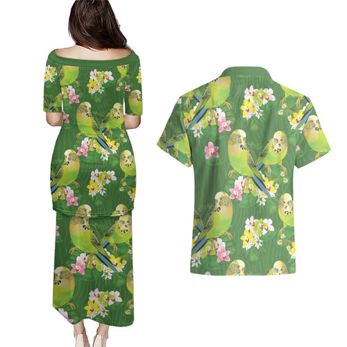 Australia Budgerigars Parakeets Couples Matching Puletasi and Hawaiian Shirt Green And Yellow Bird Seamless Orchids Flowers