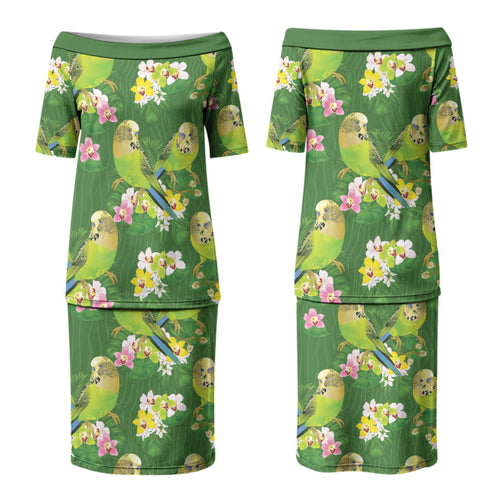 Australia Budgerigars Parakeets Couples Matching Puletasi and Hawaiian Shirt Green And Yellow Bird Seamless Orchids Flowers LT9