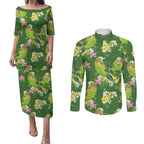 Australia Budgerigars Parakeets Couples Matching Puletasi and Long Sleeve Button Shirt Green And Yellow Bird Seamless Orchids Flowers
