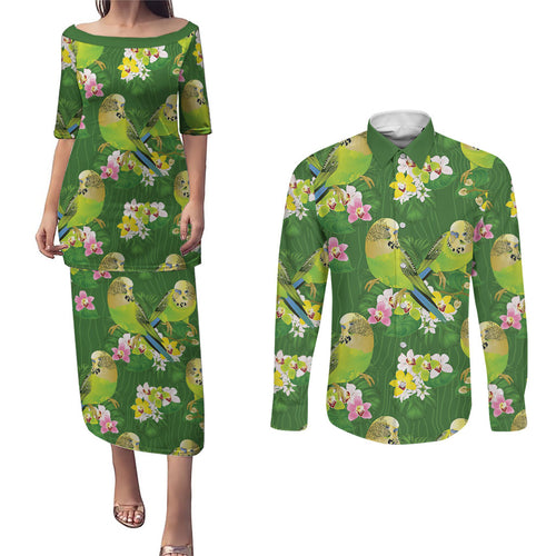 Australia Budgerigars Parakeets Couples Matching Puletasi and Long Sleeve Button Shirt Green And Yellow Bird Seamless Orchids Flowers