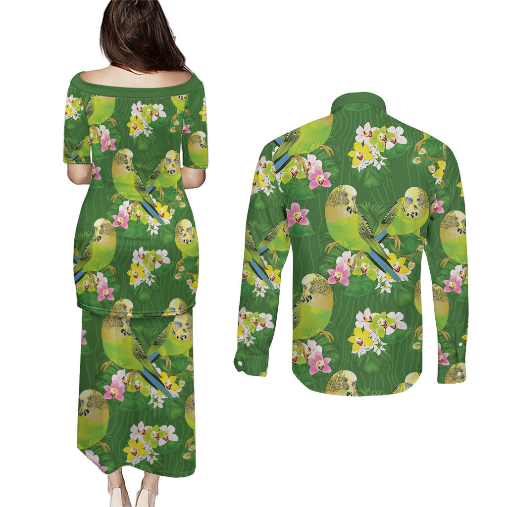 Australia Budgerigars Parakeets Couples Matching Puletasi and Long Sleeve Button Shirt Green And Yellow Bird Seamless Orchids Flowers