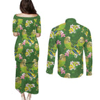 Australia Budgerigars Parakeets Couples Matching Puletasi and Long Sleeve Button Shirt Green And Yellow Bird Seamless Orchids Flowers