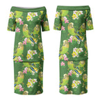 Australia Budgerigars Parakeets Couples Matching Puletasi and Long Sleeve Button Shirt Green And Yellow Bird Seamless Orchids Flowers LT9