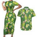 Australia Budgerigars Parakeets Couples Matching Short Sleeve Bodycon Dress and Hawaiian Shirt Green And Yellow Bird Seamless Orchids Flowers