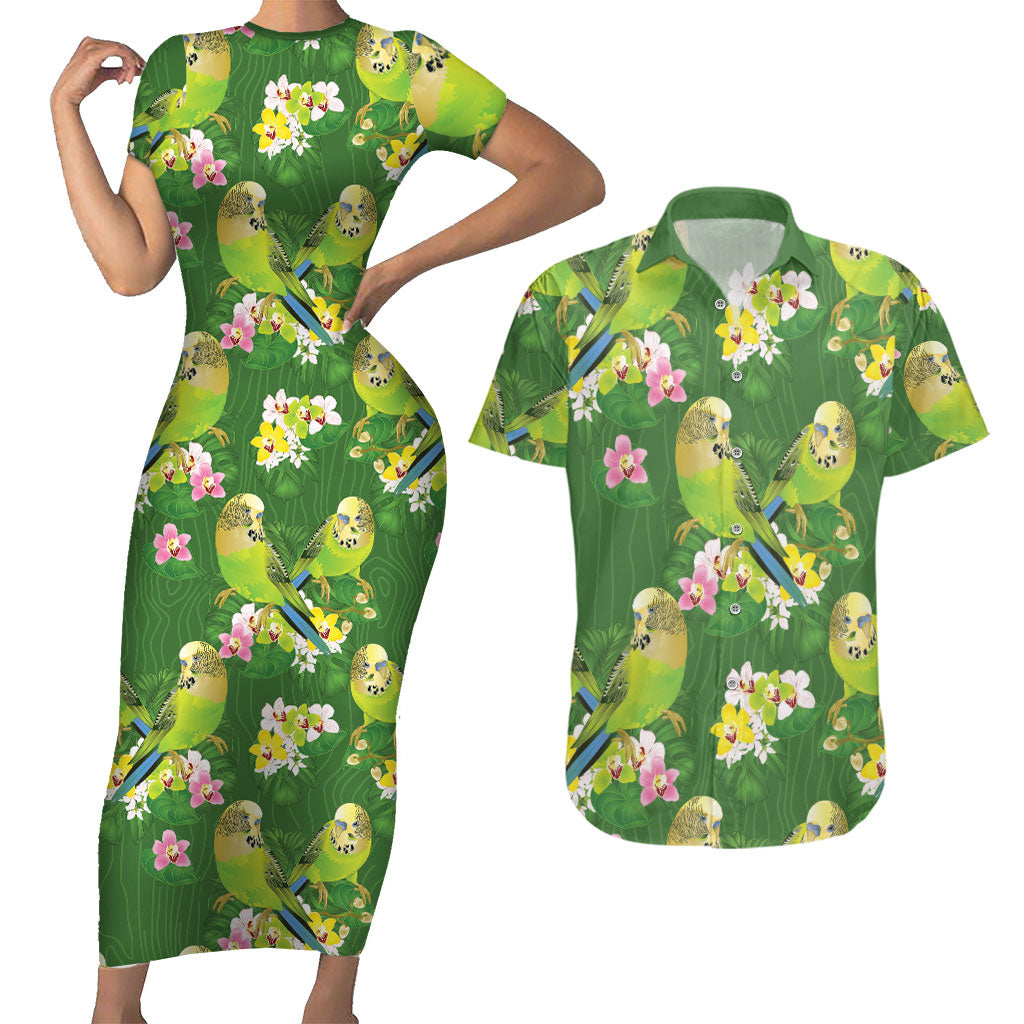 Australia Budgerigars Parakeets Couples Matching Short Sleeve Bodycon Dress and Hawaiian Shirt Green And Yellow Bird Seamless Orchids Flowers