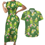 Australia Budgerigars Parakeets Couples Matching Short Sleeve Bodycon Dress and Hawaiian Shirt Green And Yellow Bird Seamless Orchids Flowers