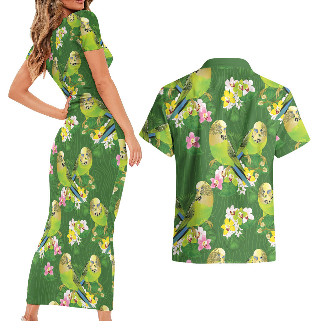 Australia Budgerigars Parakeets Couples Matching Short Sleeve Bodycon Dress and Hawaiian Shirt Green And Yellow Bird Seamless Orchids Flowers