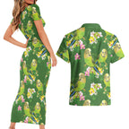 Australia Budgerigars Parakeets Couples Matching Short Sleeve Bodycon Dress and Hawaiian Shirt Green And Yellow Bird Seamless Orchids Flowers