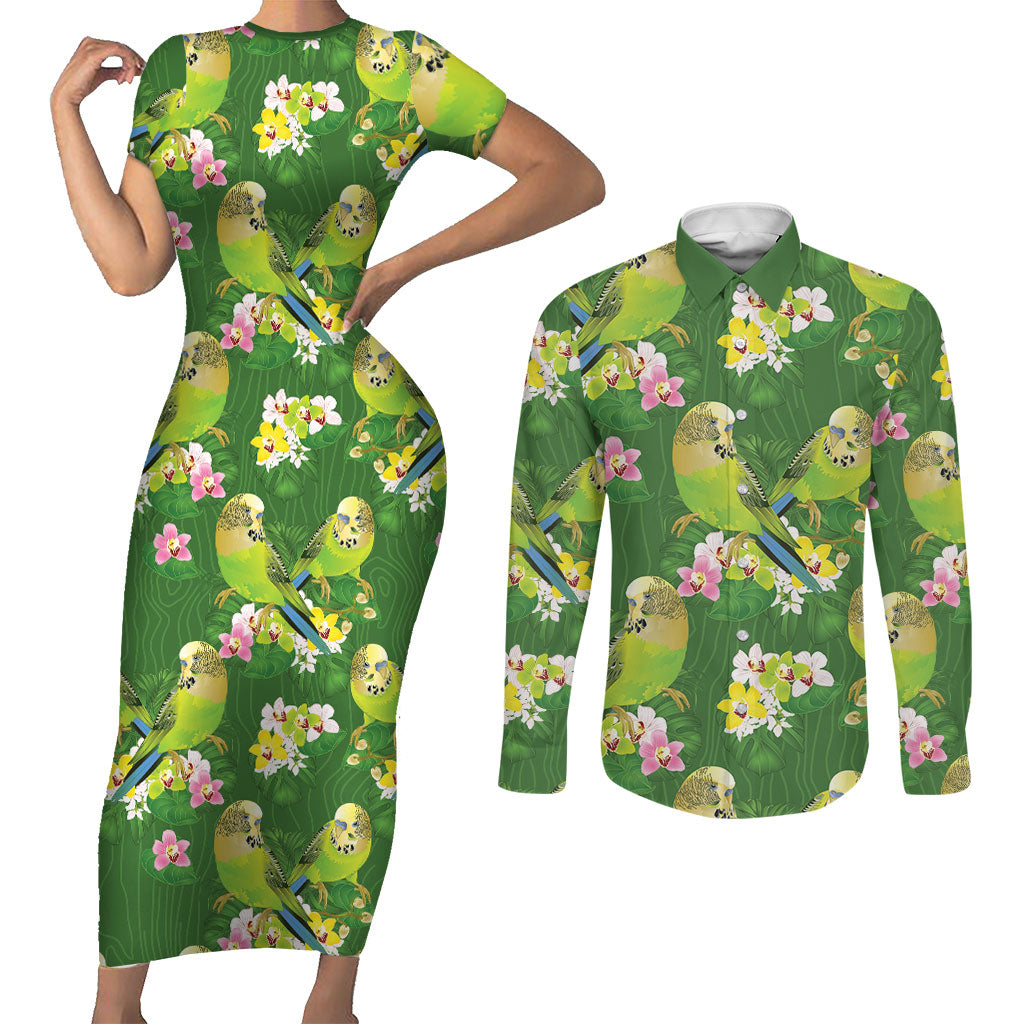 Australia Budgerigars Parakeets Couples Matching Short Sleeve Bodycon Dress and Long Sleeve Button Shirt Green And Yellow Bird Seamless Orchids Flowers