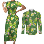 Australia Budgerigars Parakeets Couples Matching Short Sleeve Bodycon Dress and Long Sleeve Button Shirt Green And Yellow Bird Seamless Orchids Flowers