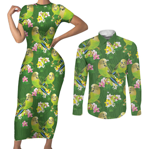 Australia Budgerigars Parakeets Couples Matching Short Sleeve Bodycon Dress and Long Sleeve Button Shirt Green And Yellow Bird Seamless Orchids Flowers