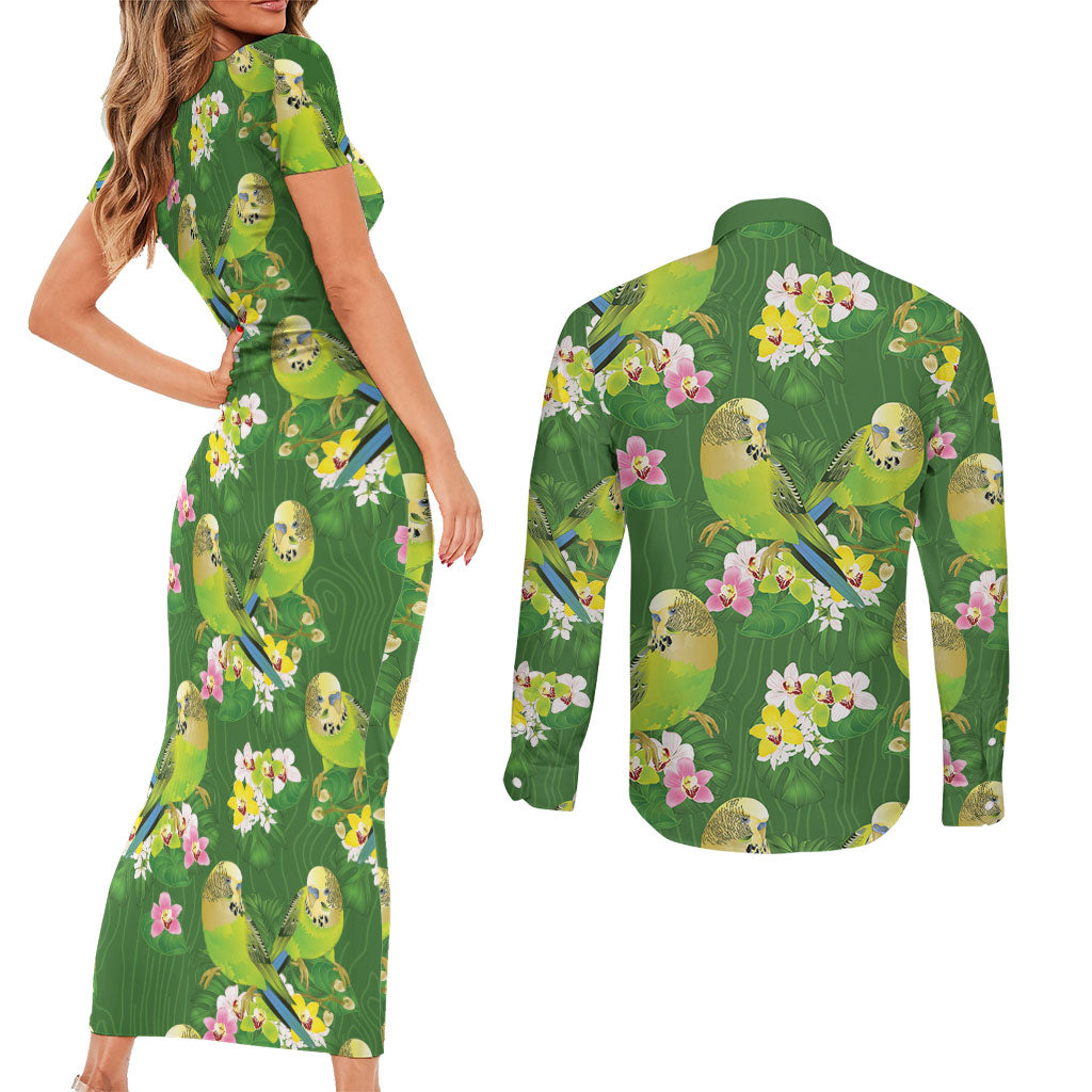 Australia Budgerigars Parakeets Couples Matching Short Sleeve Bodycon Dress and Long Sleeve Button Shirt Green And Yellow Bird Seamless Orchids Flowers
