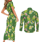 Australia Budgerigars Parakeets Couples Matching Short Sleeve Bodycon Dress and Long Sleeve Button Shirt Green And Yellow Bird Seamless Orchids Flowers