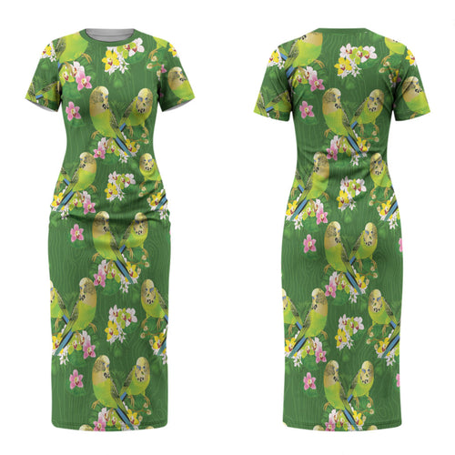 Australia Budgerigars Parakeets Couples Matching Short Sleeve Bodycon Dress and Long Sleeve Button Shirt Green And Yellow Bird Seamless Orchids Flowers LT9