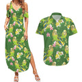 Australia Budgerigars Parakeets Couples Matching Summer Maxi Dress and Hawaiian Shirt Green And Yellow Bird Seamless Orchids Flowers