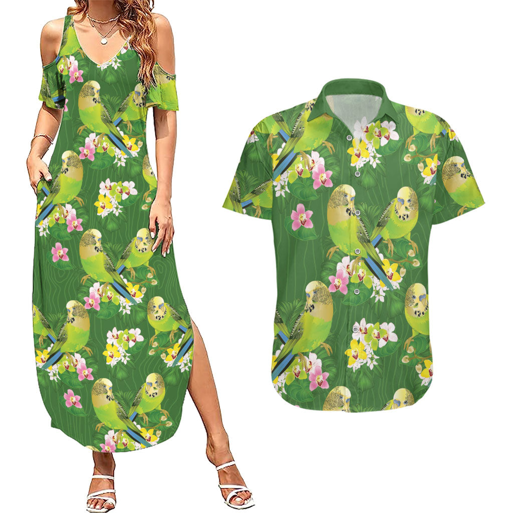 Australia Budgerigars Parakeets Couples Matching Summer Maxi Dress and Hawaiian Shirt Green And Yellow Bird Seamless Orchids Flowers