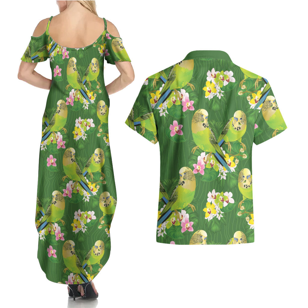 Australia Budgerigars Parakeets Couples Matching Summer Maxi Dress and Hawaiian Shirt Green And Yellow Bird Seamless Orchids Flowers