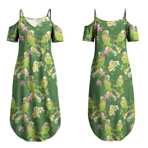 Australia Budgerigars Parakeets Couples Matching Summer Maxi Dress and Hawaiian Shirt Green And Yellow Bird Seamless Orchids Flowers LT9