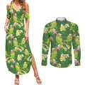 Australia Budgerigars Parakeets Couples Matching Summer Maxi Dress and Long Sleeve Button Shirt Green And Yellow Bird Seamless Orchids Flowers