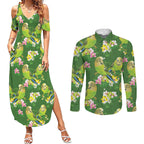 Australia Budgerigars Parakeets Couples Matching Summer Maxi Dress and Long Sleeve Button Shirt Green And Yellow Bird Seamless Orchids Flowers