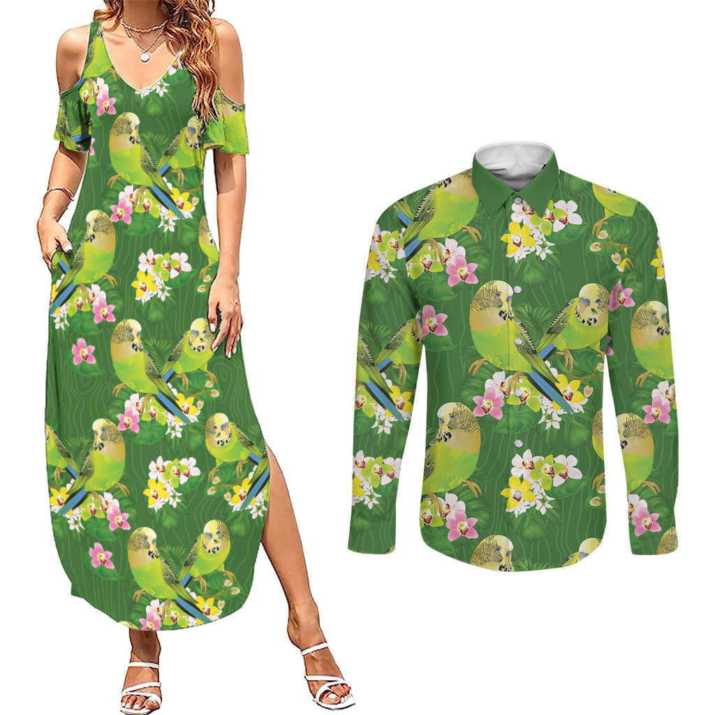 Australia Budgerigars Parakeets Couples Matching Summer Maxi Dress and Long Sleeve Button Shirt Green And Yellow Bird Seamless Orchids Flowers