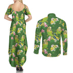 Australia Budgerigars Parakeets Couples Matching Summer Maxi Dress and Long Sleeve Button Shirt Green And Yellow Bird Seamless Orchids Flowers