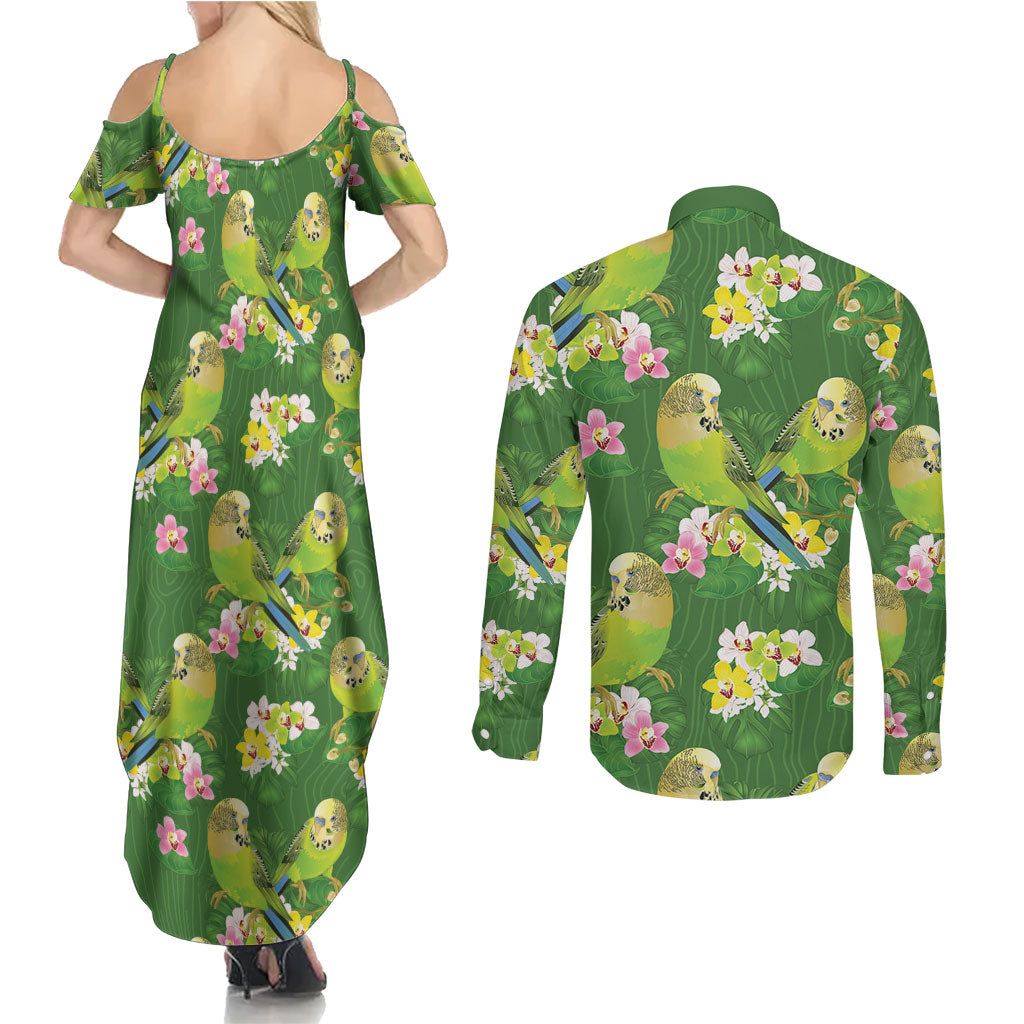 Australia Budgerigars Parakeets Couples Matching Summer Maxi Dress and Long Sleeve Button Shirt Green And Yellow Bird Seamless Orchids Flowers