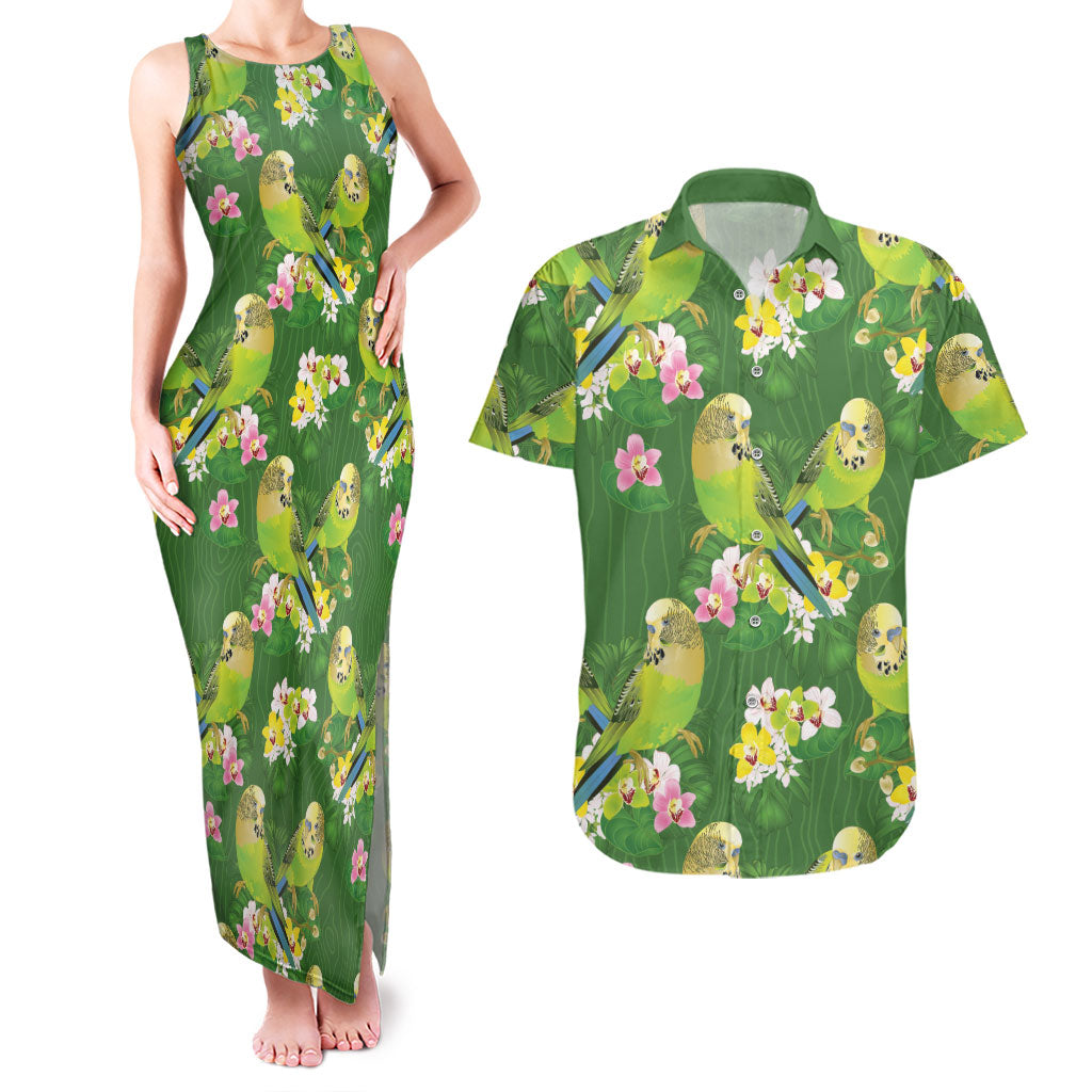 Australia Budgerigars Parakeets Couples Matching Tank Maxi Dress and Hawaiian Shirt Green And Yellow Bird Seamless Orchids Flowers