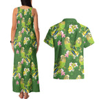 Australia Budgerigars Parakeets Couples Matching Tank Maxi Dress and Hawaiian Shirt Green And Yellow Bird Seamless Orchids Flowers