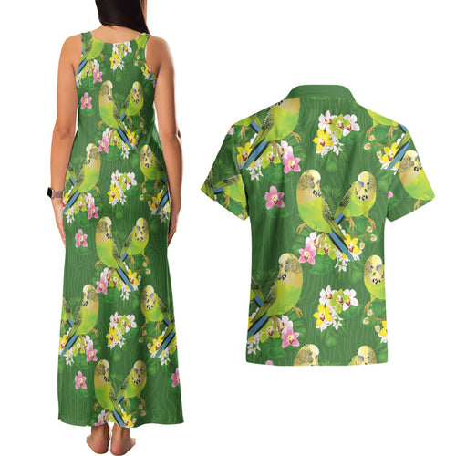 Australia Budgerigars Parakeets Couples Matching Tank Maxi Dress and Hawaiian Shirt Green And Yellow Bird Seamless Orchids Flowers