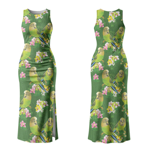 Australia Budgerigars Parakeets Couples Matching Tank Maxi Dress and Hawaiian Shirt Green And Yellow Bird Seamless Orchids Flowers LT9