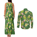 Australia Budgerigars Parakeets Couples Matching Tank Maxi Dress and Long Sleeve Button Shirt Green And Yellow Bird Seamless Orchids Flowers