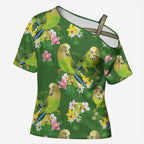 Australia Budgerigars Parakeets Cross Shoulder Shirt Green And Yellow Bird Seamless Orchids Flowers
