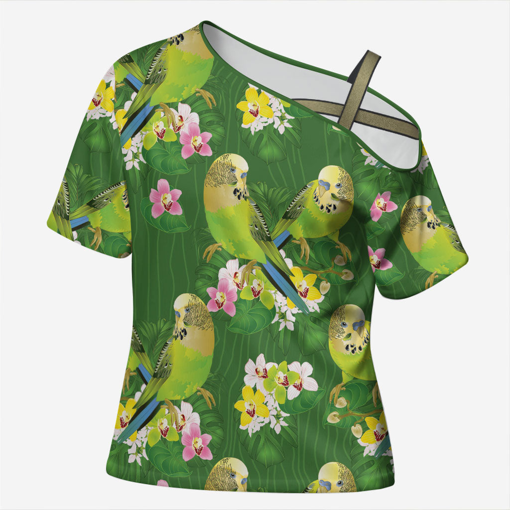 Australia Budgerigars Parakeets Cross Shoulder Shirt Green And Yellow Bird Seamless Orchids Flowers