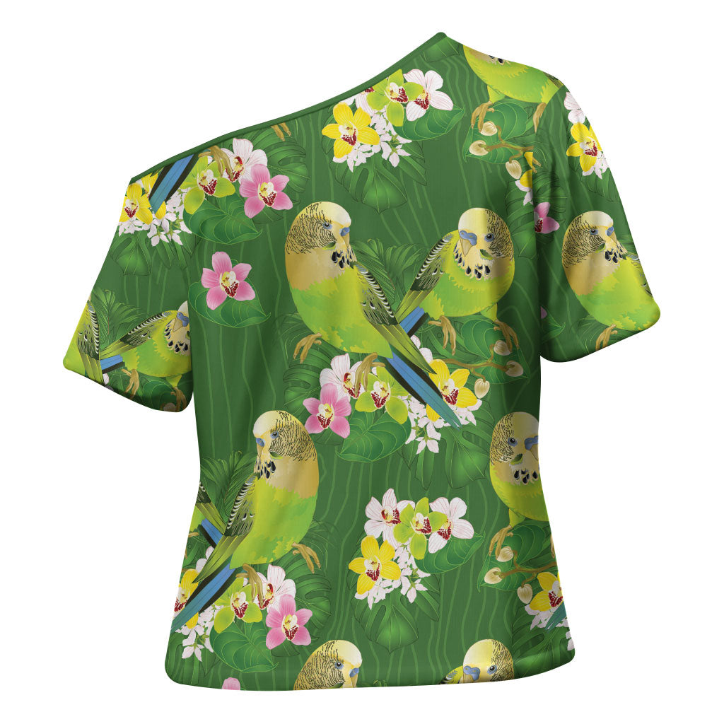 Australia Budgerigars Parakeets Cross Shoulder Shirt Green And Yellow Bird Seamless Orchids Flowers