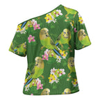 Australia Budgerigars Parakeets Cross Shoulder Shirt Green And Yellow Bird Seamless Orchids Flowers