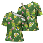 Australia Budgerigars Parakeets Cross Shoulder Shirt Green And Yellow Bird Seamless Orchids Flowers