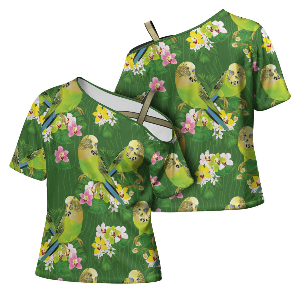 Australia Budgerigars Parakeets Cross Shoulder Shirt Green And Yellow Bird Seamless Orchids Flowers