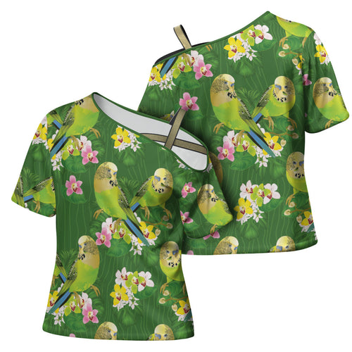 Australia Budgerigars Parakeets Cross Shoulder Shirt Green And Yellow Bird Seamless Orchids Flowers