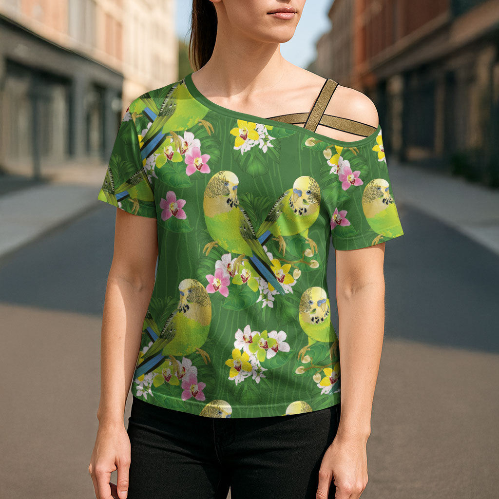 Australia Budgerigars Parakeets Cross Shoulder Shirt Green And Yellow Bird Seamless Orchids Flowers