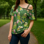 Australia Budgerigars Parakeets Cross Shoulder Shirt Green And Yellow Bird Seamless Orchids Flowers