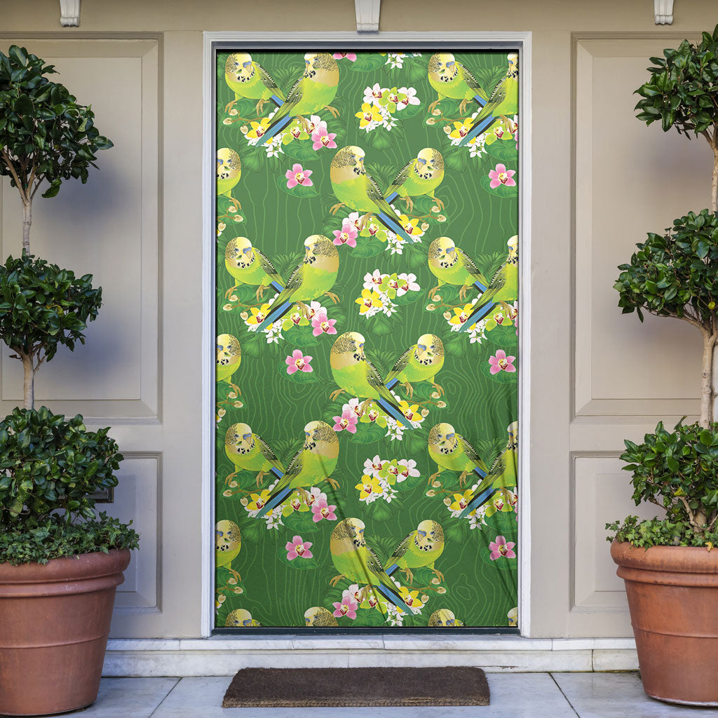 Australia Budgerigars Parakeets Door Cover Green And Yellow Bird Seamless Orchids Flowers