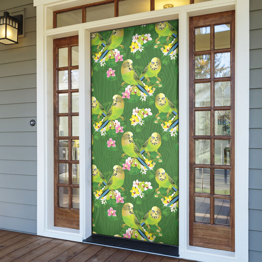 Australia Budgerigars Parakeets Door Cover Green And Yellow Bird Seamless Orchids Flowers